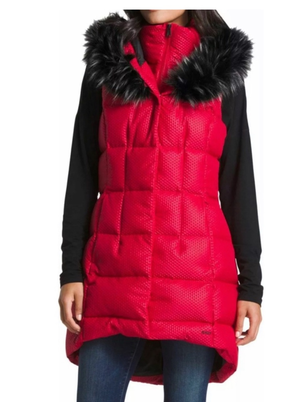 The North Face Parkina Hey Mama 550 Goose Down Vest M Tomato Red Faux Fur Hood